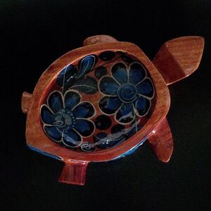Handcrafted Wooden Turtle Bowl with Blue Floral Design
